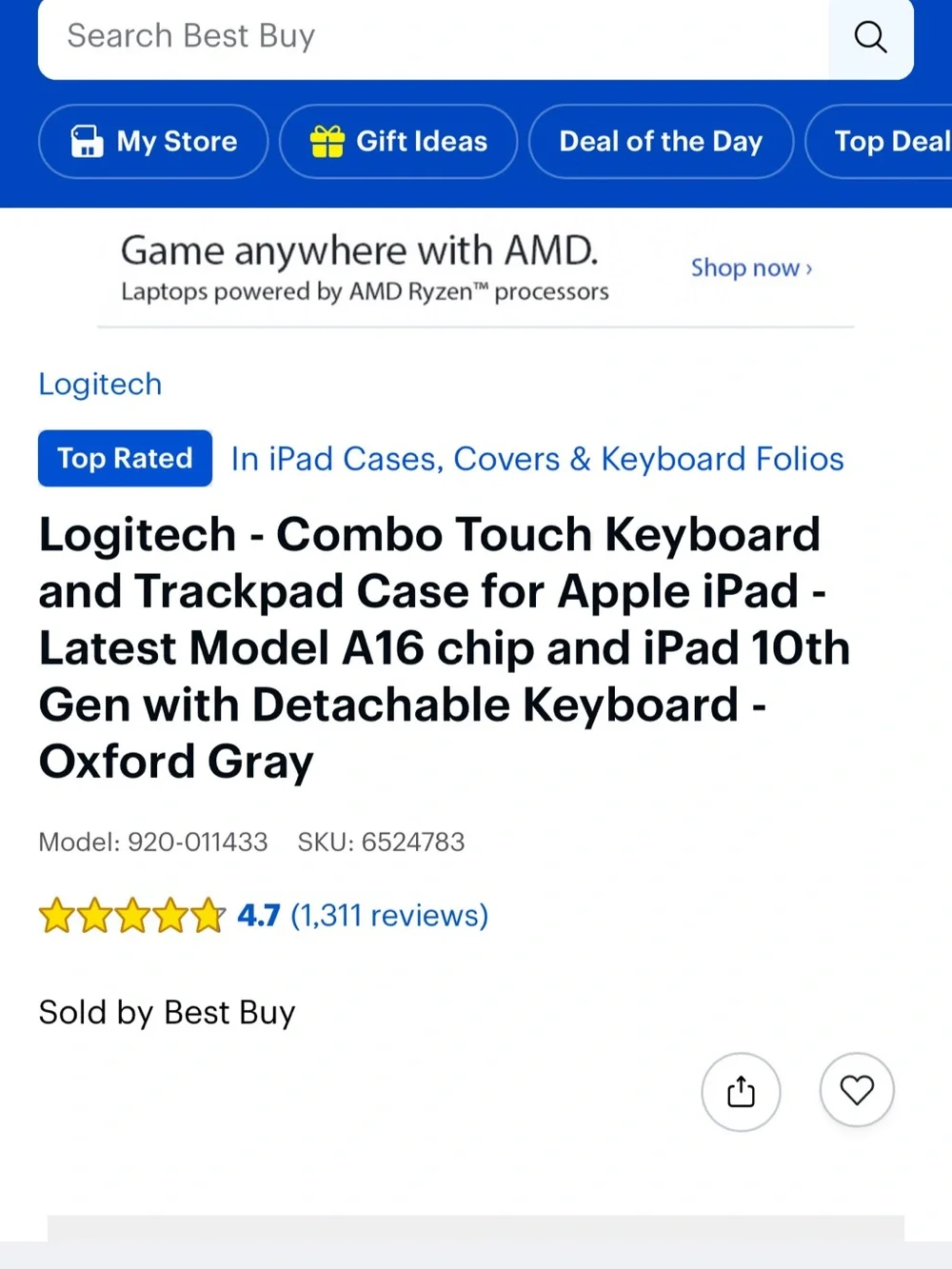 Logitech Combo Touch iPad 10th Generation Gray Tablet Keyboard Case Trackpad